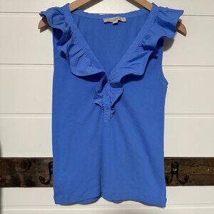 LOFT Blue Ruffle V-Neck Sleeveless Knit Top Blouse Medium